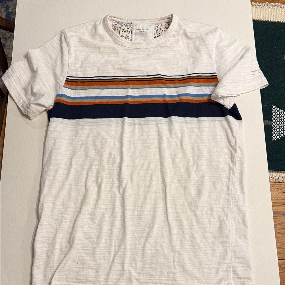 Denim & Flower Short Sleeve Tee - White with Blue and Orange Stripes